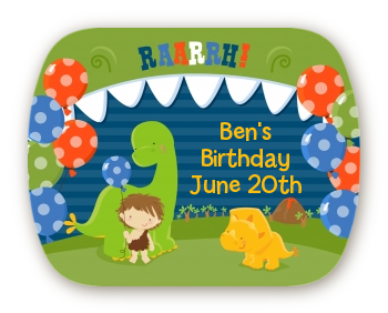Dinosaur and Caveman - Personalized Birthday Party Rounded Corner Stickers