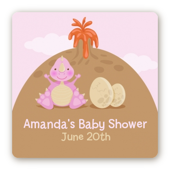 Dinosaur Baby Girl - Square Personalized Baby Shower Sticker Labels