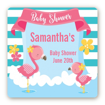  Flamingo - Square Personalized Baby Shower Sticker Labels Baby Shower