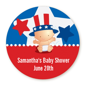  Fourth Of July Little Firecracker - Round Personalized Baby Shower Sticker Labels 