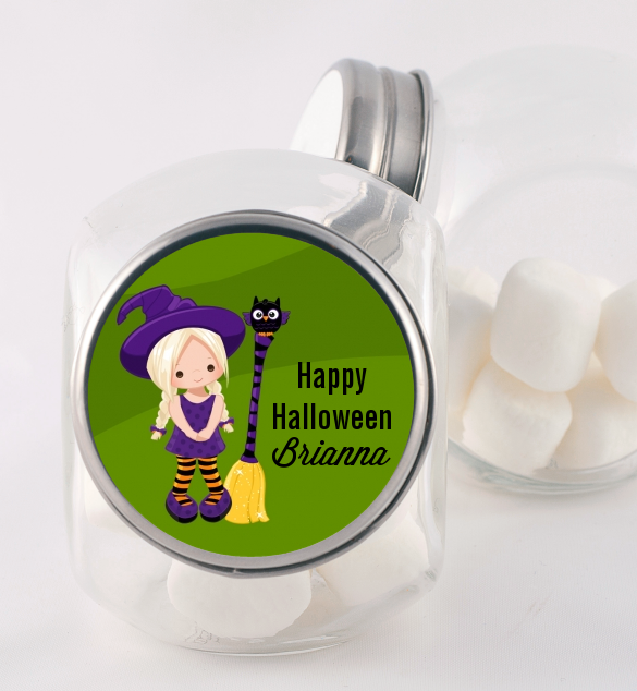 Friendly Witch Girl - Personalized Halloween Candy Jar Option 1