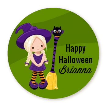  Friendly Witch Girl - Round Personalized Halloween Sticker Labels Option 1
