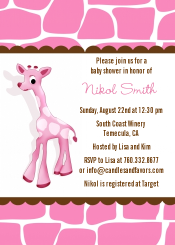 Giraffe Pink - Baby Shower Invitations