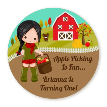  Country Girl Apple Picking - Round Personalized Birthday Party Sticker Labels Option 1 - Brown Hair