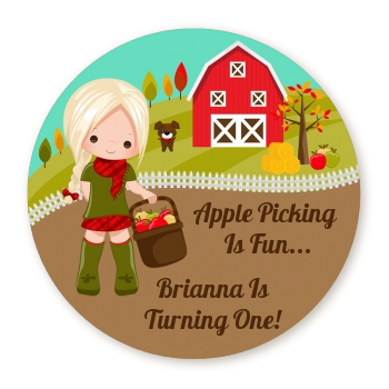  Country Girl Apple Picking - Round Personalized Birthday Party Sticker Labels Option 1 - Brown Hair