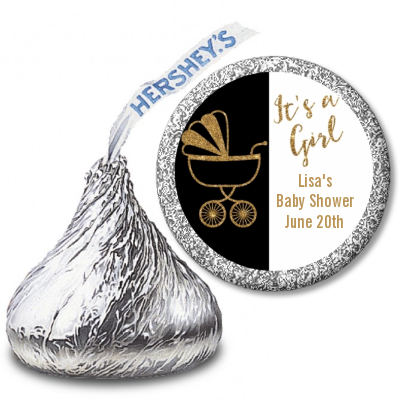 Gold Glitter Black Carriage - Hershey Kiss Baby Shower Sticker Labels