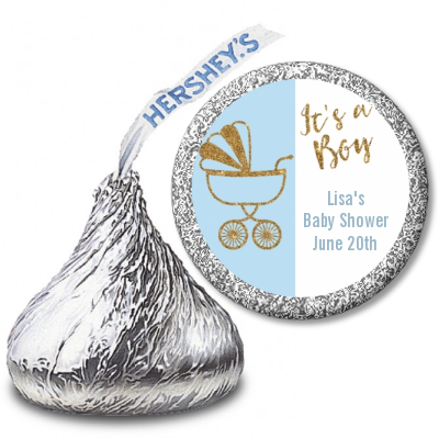 Gold Glitter Blue Carriage - Hershey Kiss Baby Shower Sticker Labels