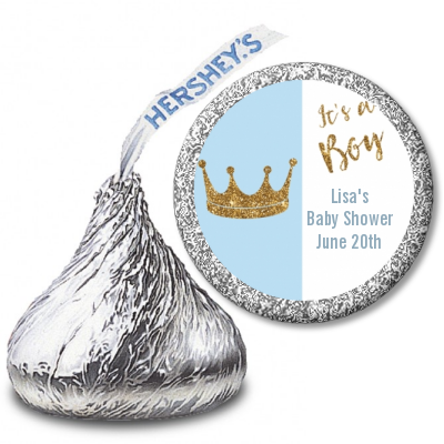Gold Glitter Blue Crown - Hershey Kiss Baby Shower Sticker Labels