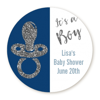  Gold Glitter Blue Pacifier - Round Personalized Baby Shower Sticker Labels Option 1