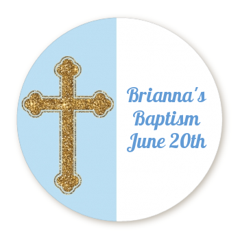  Gold Glitter Cross Blue - Round Personalized Baptism / Christening Sticker Labels 