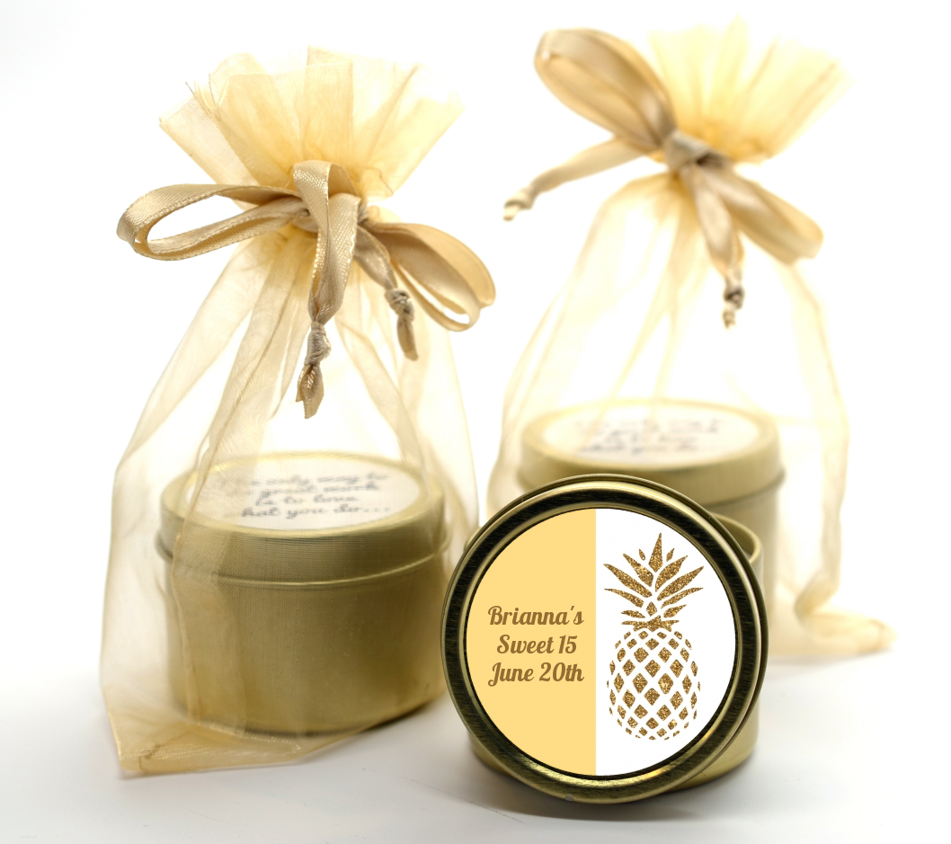  Gold Glitter Pineapple - Birthday Party Gold Tin Candle Favors Option 1