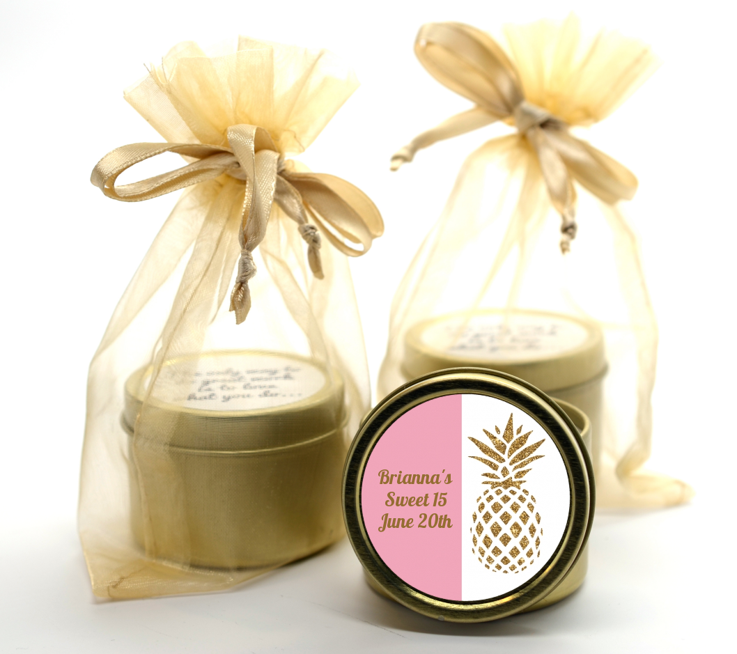  Gold Glitter Pineapple - Birthday Party Gold Tin Candle Favors Option 1