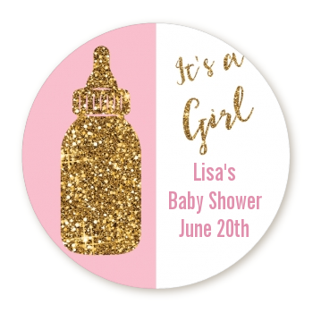  Gold Glitter Pink Baby Bottle - Round Personalized Baby Shower Sticker Labels 
