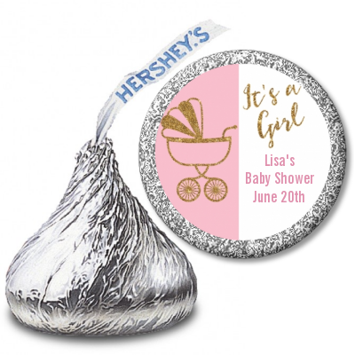 Gold Glitter Pink Carriage - Hershey Kiss Baby Shower Sticker Labels