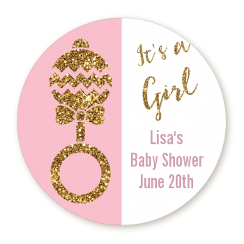  Gold Glitter Pink Rattle - Round Personalized Baby Shower Sticker Labels 