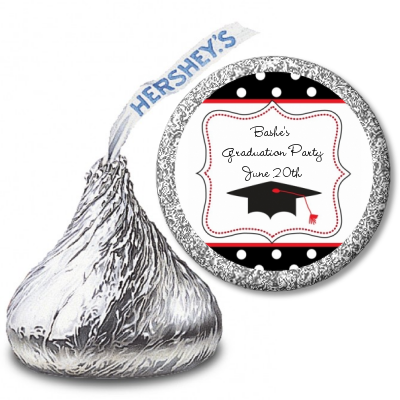 Graduation Cap Black & Red - Hershey Kiss Graduation Party Sticker Labels