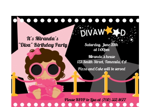  Hollywood Diva on the Pink Carpet - Birthday Party Petite Invitations Pink Carpet Black Hair