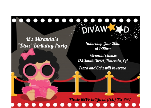  Hollywood Diva on the Red Carpet - Birthday Party Petite Invitations Black Hair