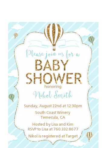 Hot Air Balloon Boy Gold Glitter - Baby Shower Petite Invitations