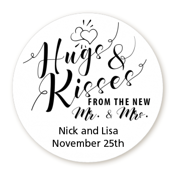  Hugs & Kisses From Mr & Mrs - Round Personalized Bridal Shower Sticker Labels 