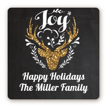 Joy Oh Deer Gold Glitter - Square Personalized Christmas Sticker Labels