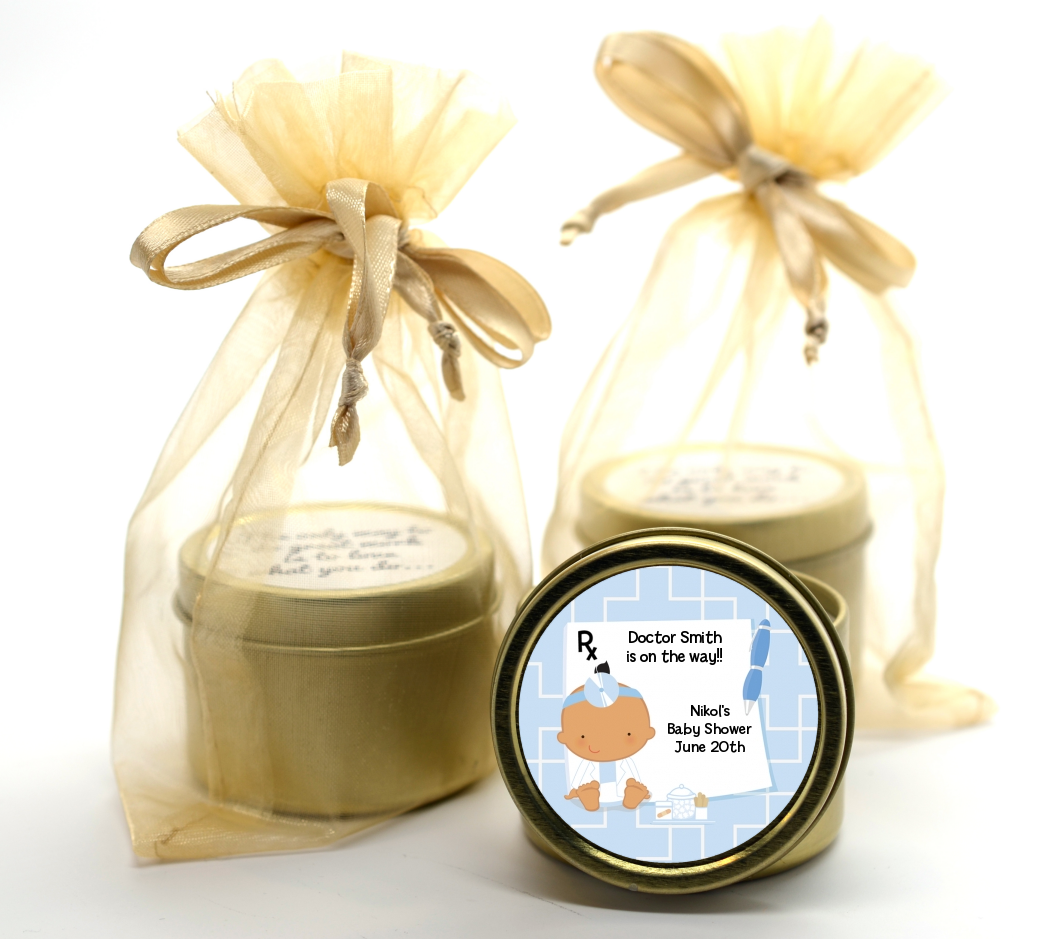  Little Doctor On The Way - Baby Shower Gold Tin Candle Favors Caucasian