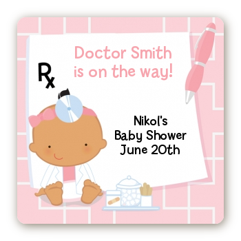  Little Girl Doctor On The Way - Square Personalized Baby Shower Sticker Labels Caucasian