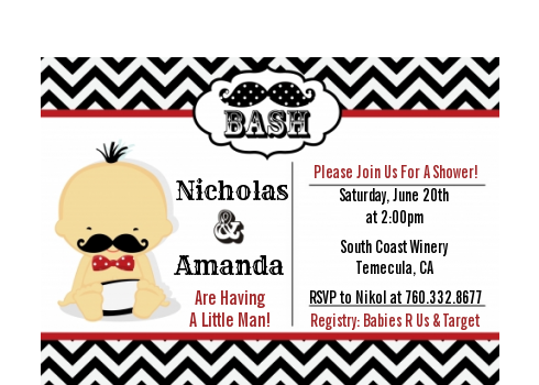  Little Man Mustache Black/Grey - Baby Shower Petite Invitations African American Black/Red