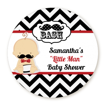  Little Man Mustache Black/Grey - Round Personalized Baby Shower Sticker Labels Caucasian