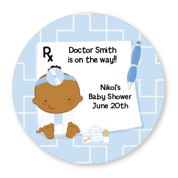  Little Doctor On The Way - Round Personalized Baby Shower Sticker Labels Caucasian