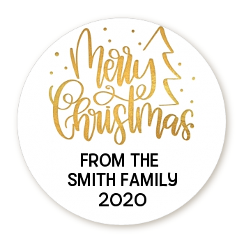 Merry Christmas with Tree - Round Personalized Christmas Sticker Labels Black
