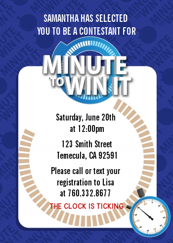  Minute To Win It Inspired - Birthday Party Invitations Option 1