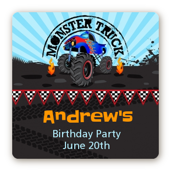 Monster Truck - Square Personalized Birthday Party Sticker Labels