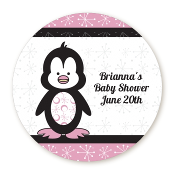  Penguin Pink - Round Personalized Baby Shower Sticker Labels 