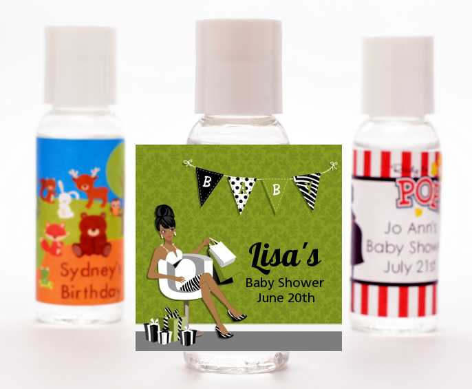  Posh Mom To Be Neutral - Personalized Baby Shower Hand Sanitizers Favors Black Hair A