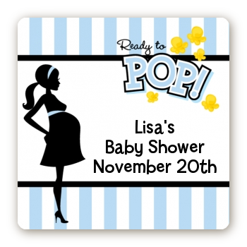  Ready To Pop Blue - Square Personalized Baby Shower Sticker Labels Option 1