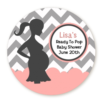  Ready To Pop Chevron Gray and Salmon Pink - Round Personalized Baby Shower Sticker Labels 