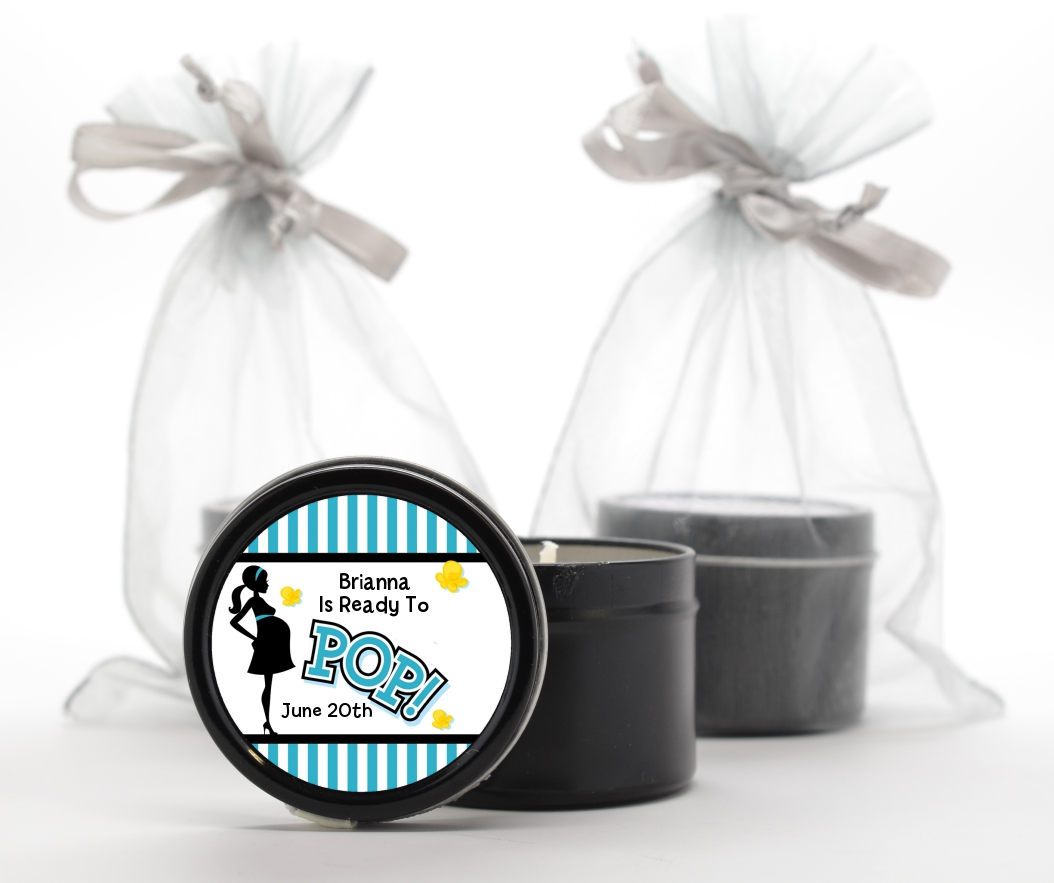  Ready To Pop Teal - Baby Shower Black Candle Tin Favors Option 1