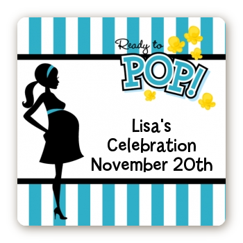  Ready To Pop Teal - Square Personalized Baby Shower Sticker Labels Option 1