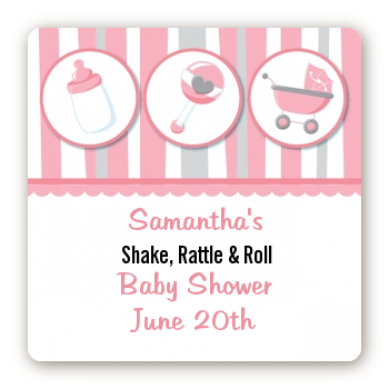 Shake, Rattle & Roll Pink - Square Personalized Baby Shower Sticker Labels