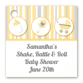 Shake, Rattle & Roll Yellow - Personalized Baby Shower Card Stock Favor Tags