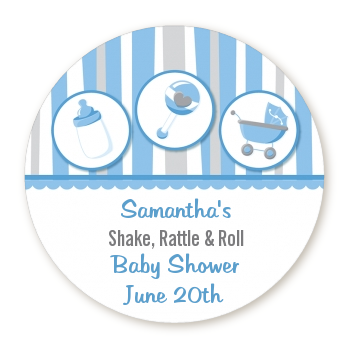  Shake, Rattle & Roll Blue - Round Personalized Baby Shower Sticker Labels 
