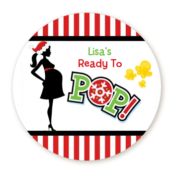  She's Ready To Pop Christmas Edition - Round Personalized Baby Shower Sticker Labels 