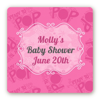 She's Ready To Pop Pink - Square Personalized Baby Shower Sticker Labels