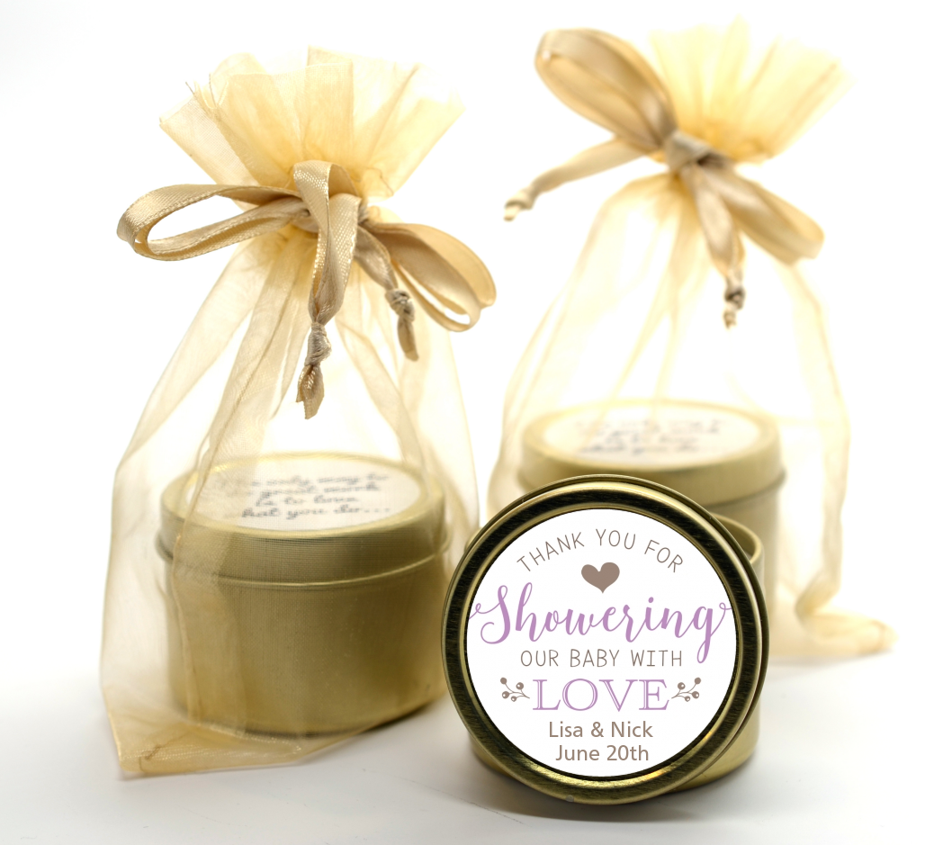  Showering With Love - Baby Shower Gold Tin Candle Favors Blue