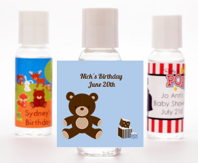  Teddy Bear - Personalized Birthday Party Hand Sanitizers Favors Blue