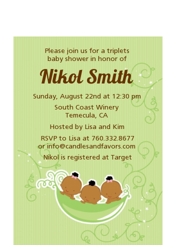  Triplets Three Peas in a Pod African American - Baby Shower Petite Invitations Triplet Boys