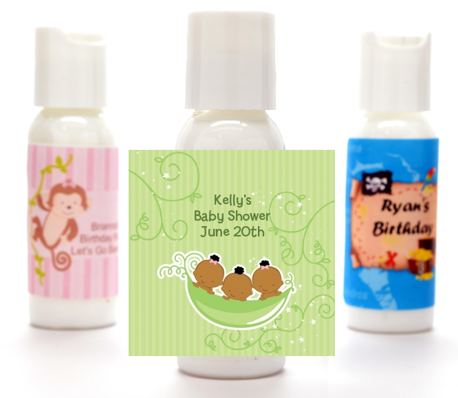  Triplets Three Peas in a Pod African American - Personalized Baby Shower Lotion Favors 2 Boys 1 Girl