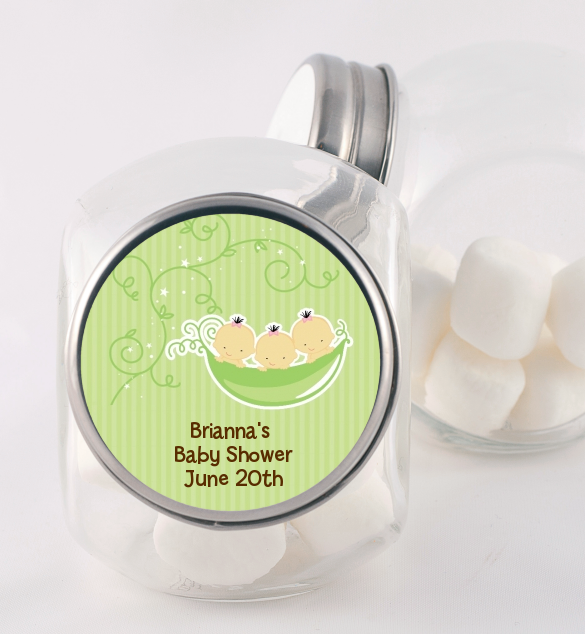  Triplets Three Peas in a Pod Asian - Personalized Baby Shower Candy Jar 2 Boys 1 Girl