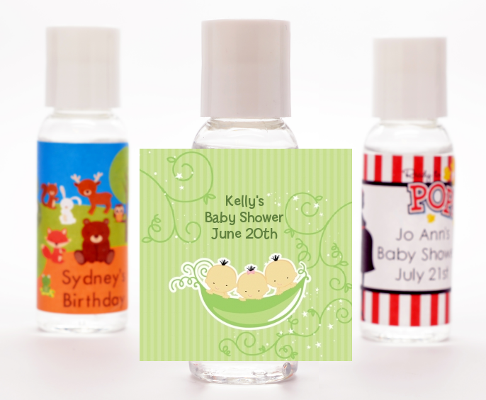  Triplets Three Peas in a Pod Asian - Personalized Baby Shower Hand Sanitizers Favors 2 Boys 1 Girl